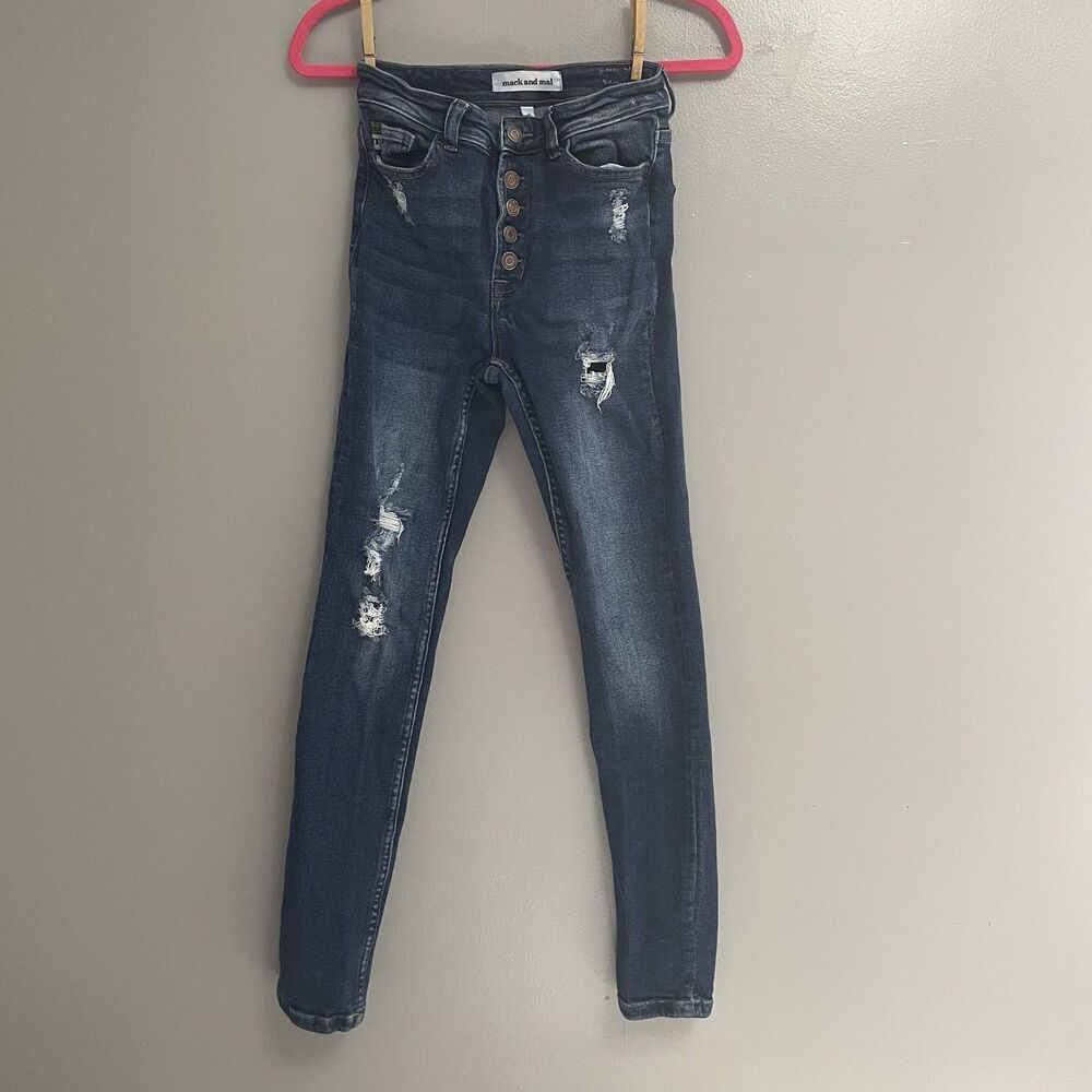 Mack and Mal Women's High-Rise Skinny Jeans Dark Blue Distressed 24x28”